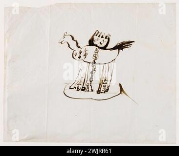 Francesco Victor Hugo (1828-1873). Caricatura di un animale che domina con piccoli personaggi rappresentati tra le sue gambe. Piume marrone e inchiostro sulla carta. Parigi, casa di Victor Hugo. Disegno, inchiostro marrone, carta, zampa, carattere, animale, caricatura, piuma Foto Stock