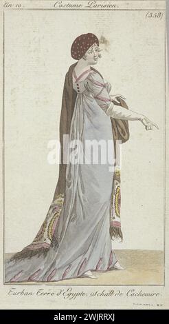 Journal of the Ladies and fashions ', an X, costume parigino, Plate 358: Turban Terre d'Egypt, Schall de Cashmire. Galliera, museo della moda della città di Parigi. 26001-15 Kashmir, chale, acconciatura, consolato, donna, terra egiziana, turbante Foto Stock