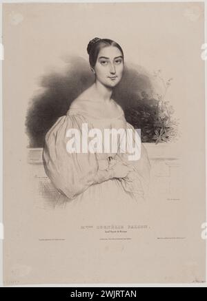 Achille Devéria (1800-1857), incisore francese, e Rose Joseph Lemercier (1803-1887), stampatore-litografia francese. Ritratto di Mademoiselle Cornélie Falcon (1812-1897) della Royal Music Academy. Litografia su carta, 1840. Parigi, museo Carnavalet. 77635-14 Royal Academy of Music, Cantatore, cantante lirico, disegno, litografia, verticale Foto Stock