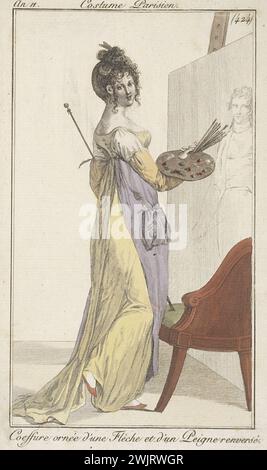 Journal of the Ladies and fashions ', un XI, costume parigino, tavola 424: Acconciatura decorata con una freccia e un pettine rovesciato. Galliera, museo della moda della città di Parigi. 26001-16 cavalletto, acconciatura, consolato, femminile, donna, streche, pettine, pittore, tela Foto Stock