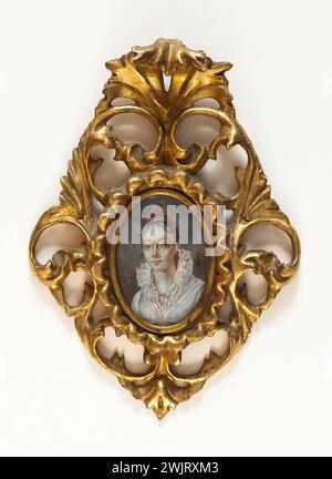 Anonimo. Ritratto di Laure de Berny (1777-1836). Miniatura in un ambiente in legno dorato e traforato, intorno al 1800. Parigi, Maison de Balzac. 50442-16 Opening, Bois Dore, Frame, scrittrice francese, giovane donna, ritratto, amante, miniatura Foto Stock