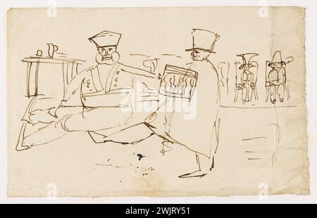 Francesco Victor Hugo (1828-1873). Caricatura di due soldati con due personaggi seduti sullo sfondo. Piume marrone e inchiostro sulla carta. Parigi, casa di Victor Hugo. Disegno, inchiostro marrone, militare, carta, caricatura, penna Foto Stock