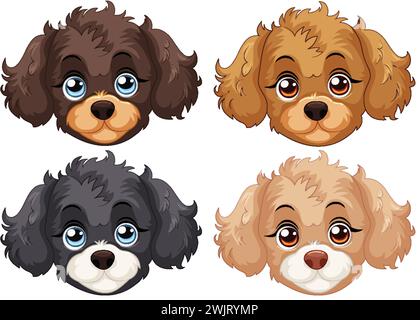 Quattro simpatici volti vettoriali illustrati per cuccioli Illustrazione Vettoriale