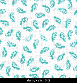 Semplice motivo vettoriale a cozze sparse con pois disposti con sfondo a trama di tela. Adatto per il tessile, il menu del ristorante e. Illustrazione Vettoriale