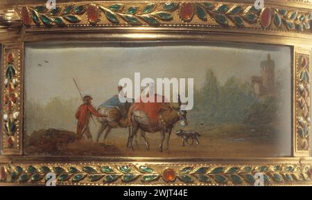 Claude Charles Edme de Lioux de Savignac (assegnato a). "Miniatura in olio su tela che rappresenta un uomo, due muli e un cane, adornando la base a sinistra di una scatola ovale d'oro, apertura con cerniera, salita in gabbia e doppiata con oro, decorata con ghirlande di foglie smaltate in puntini verdi, rossi e bianchi. Oro, smalto, olio su tela. Parigi, museo Cognacq-Jay. 25923-10 scatola ovale, campagna, arredamento, e-mail, telo a gradini Garland, mulo, oro, paesaggio, contadino, punto bianco-rosso, verde, cane, olio su tela, miniatura Foto Stock