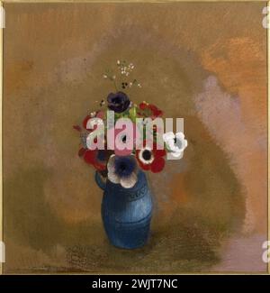 Odilon Redon (1840-1916). "Anemoni in vaso blu". Linee a matita pastello e nere su carta grigia incollata al cartone, intorno al 1912. Museo di Belle Arti della città di Parigi, Petit Palais. 52014-10 Anemone, fiore, carta grigia di cartone, pastello, linea a matita nera, vaso blu Foto Stock