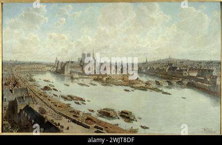 Theodor Hoffbauer (nato nel 1839). "Vista panoramica di Parigi nel 1588 con il Pont-Neuf in costruzione, preso dai tetti del Louvre". Olio su tela, 1890. Parigi, museo Carnavalet. 25517-3 Boat, Building, Construction, Seine River, 1st 1 arrondissement, Ile de la Cité, Pont-Neuf, tetto del Louvre, panorama, vista panoramica, olio su tela, scena Foto Stock