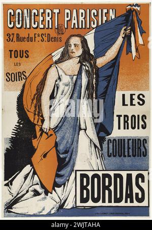 Anonimo. Concerto parigino, 37, rue du Faubourg St Denis, ogni sera, i tre colori, Bordas'. Litografia a colori. 1880-1900. Parigi, museo Carnavalet. 74198-15 37 rue du Faubourg Saint-Denis, poster, concerto parigino, bandiera francese, tre colori, litografia a colori Foto Stock