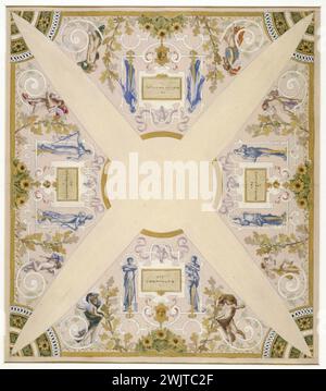 Luc-Olivier Merson (1846-1920). I mesi: Ottobre (inizio dell'anno scolastico - la festa dei cordoni - la semina - le mele). Museo delle Belle Arti della città di Parigi, Petit Palais. 37957-9 Arabesque, cherubin, decorazioni floreali, calzolaio, mese, ottobre, soffitto, lezioni, semina, statua classica, mela Foto Stock