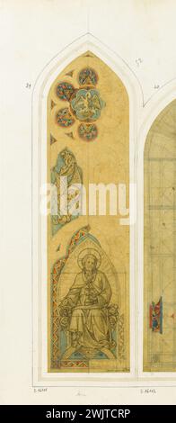 Officina GSELL-Laurent. Album n° 3; progetto vetrate per Arras: Cristo in Maestà, Angelo che porta la colonna, Pelican. Matita, pietra nera, acquerello. Parigi, museo Carnavalet. Album n ° 3, angelo, colonna, matita, Cristo, figlio dio, maestà, pietra nera, portare, progetto, vetro colorato, acquerello, pellicano Foto Stock