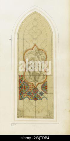 Officina GSELL-Laurent. Album n° 3; progetto Vitrail per Barone Silvestre la Vergine e San Francesco, ornamenti. Matita, pietra nera, acquerello. Parigi, museo Carnavalet. Album n. 3, barone, matita, bambino, ornamento, pietra nera, progetto, santo, vergine, vetro colorato, acquerello Foto Stock