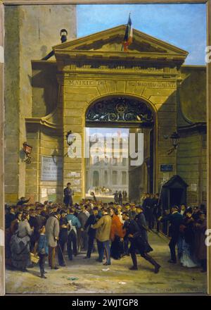 Alfred Decaen (nato nel 1820) e Jacques Guiaud (1811-1876). "Lettura di un dispaccio presso il municipio del 9° arrondissement, rue Drouot (19 gennaio 1871)". Olio su tela. Parigi, museo Carnavalet. 27033-7 Depeche, bandiera francese, Guerra del 1870, IX IX IX 9 arrondissement, Reading, municipio, porta monumentale, rue Drouot, assedio di Parigi Foto Stock