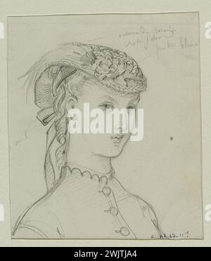 Anais Toudouze (1822-1899). "Donna nel cappello con un uccello del paradiso". "Uccello del paradiso / giallo rosa / paglia bianca". Piombo mio, white paper. 1866-1867. Galliera, museo della moda della città di Parigi. 37822-17 acconciatura, disegno, donna, piombo mio, uccello del paradiso, paglia, ritratto, secondo impero, cappello Foto Stock