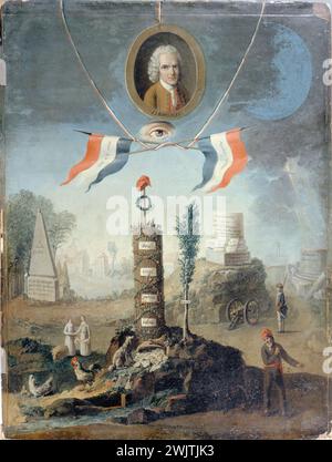 Nicolas Henri Jeaurat de Bertry (1728- dopo il 1796). "Allegoria rivoluzionaria: Jean-Jacques Rousseau". Olio su cartone, 1794. Parigi, museo Carnavalet. 33448-17 allegorie, cofano frigio, colonna, gallo, bandiera francese, autore, sketch, Free-Macon, Massoneria, Free-Maconnics, olio di cartone, occhio, filosofo, ritratto, Rivoluzione francese, rivoluzionario, Symbol Foto Stock