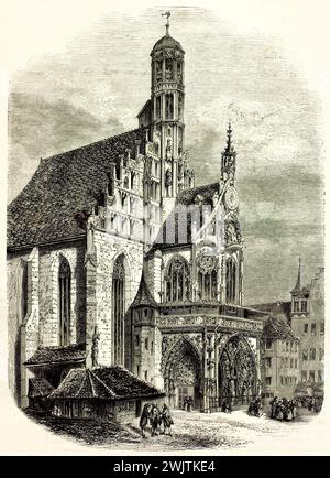 Frauenkirche di Norimberga con facciata e orologio gotici ornati, incisione verticale in bianco e nero su sfondo bianco da Magasin Pittoresque, 1852. Foto Stock