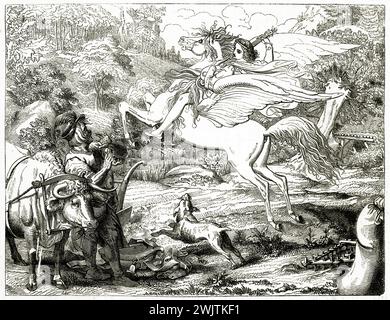 Scena mitica in cui Pegaso rapisce una fanciulla, sorprende un contadino con buoi e aratro. Raffinata incisione in legno del 1852 di Magazin Pittoresque Foto Stock
