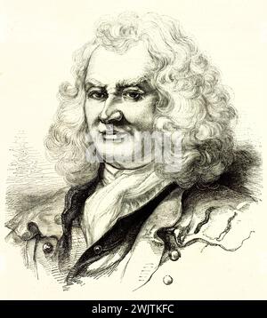 Vecchio ritratto inciso Thomas Coram (1668 - 1751), incanta il capitano del mare e filantropo. Creato da Linton dopo la pittura di William Hogarth, pubblicato o Foto Stock