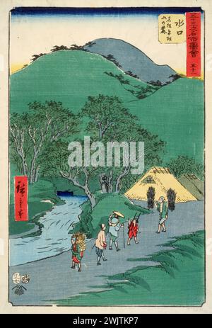 Ando Hiroshige (1797-1858). Cinquantatré stazioni del Tokaido (rotta che collega Edo a Kyoto): 51a stazione, Minakuchi, Giappone, era Edo (1600-1867). Stampa. Parigi, museo Cernuschi. 26382-3 Edo, stampa, giapponese, minakuchi, montagna, paesaggio, stazione, tokaido, percorso Foto Stock