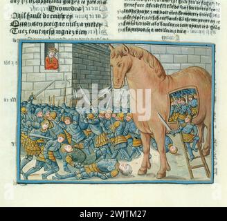 Jacques Milet, Jean Driart. Illuminure rappresenta il cavallo di Troia preso da "cy sensuit lystoire of the Destruction of Troye the Grant" (la distruzione di Troia), 1498. Incarable stampato a Parigi. Museo delle Belle Arti della città di Parigi, Petit Palais. 24237-2 Tip, Trojan Horse, Enlightenment, War, incuable, soldato, città, distruzione Foto Stock