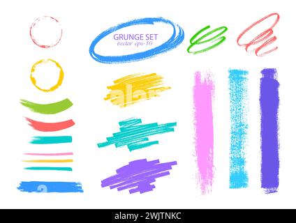 Evidenziatore e tratti di penne in feltro .vettoriale tratti pennello multicolore.etichette testurizzate, banner lunghi.elementi di design. Illustrazione Vettoriale