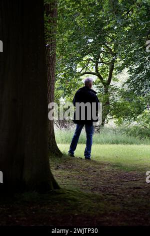 uomo anziano solitario che guarda a distanza nel legno Foto Stock