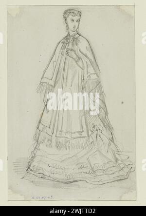 Anais Toudouze (1822-1899). "Donna in piedi in un mantello". Mantelet con frange e strisce. Piombo mio, white paper. 1868. Galliera, museo della moda della città di Parigi. 37822-7 disegno, donna, frangia, treccia, mantello, mantello, guida il mio, secondo impero, vestito Foto Stock