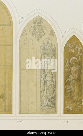 Officina GSELL-Laurent. Album n° 3; progetto vetrate; 2 campate: Santa Margherita, stemma con corona conte, motto: Lealtà. Matita, gouache. Parigi, museo Carnavalet. Album n. 3, stemma, cattolico, cristiano, conte, corona, matita, due travee, motto fidelite, finestra, gouache, martire, progetto, santo, vetrate colorate Foto Stock
