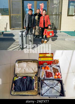 Pechino, Cina. 16 febbraio 2024. Questa foto combinata scattata il 16 febbraio 2024 mostra Liu Xinyue (1° R) e i suoi genitori prima di partire per il suo lavoro nel distretto di Qiaocheng di Bozhou, nella provincia di Anhui (in alto) della Cina orientale, e cibo preparato dai genitori di Liu nella sua valigia (in fondo), nella città autonoma di Xixiaying Manchu a Zunhua, nella provincia di Hebei della Cina settentrionale. Le persone in tutto il paese stanno lasciando la loro città natale per andare in luoghi dove vivono e lavorano, visto che la festa di primavera di quest'anno sta per finire Crediti: Liu Mancang/Xinhua/Alamy Live News Foto Stock