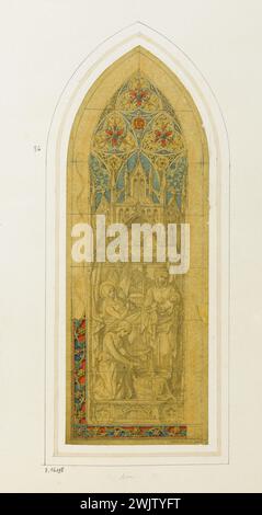 Officina GSELL-Laurent. Album n° 3; progetto vetrate per area: La nascita della Vergine. Matita, acquerello e gouache. Parigi, museo Carnavalet. Album n ° 3, matita, gouache, nascita, nato, progetto, santo, vergine, vetro colorato, acquerello Foto Stock