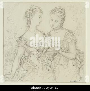 Anais Toudouze (1822-1899). Due donne che leggono. Abiti della signora Fladry. Disegno per incisione pubblicato su "The Illustrated Fashion", 5 gennaio 1873, n° 1. WC serale e WC con palla. Piombo mio, white paper. 1873. Galliera, museo della moda della città di Parigi. 37822-6 disegnare, giovane donna, leggere, condurre il mio, illustrato, secondo impero, vestito da sera, wc con palla, vestito Foto Stock