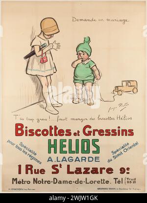 Georges Redon (1869-1943). "Helios Biscottes". Litografia. 1929 Parigi, museo Carnavalet. 55241-6 1 Rue Saint-Lazare, 9th 9 IXEME IX, manifesto pubblicitario, arrondissement, Biscotte GRISSIN, Biscottes e tazze, biscotti, cordoncino, richiesta di matrimonio, bambino, bambino, ragazzo, grasso, grande, giovane ragazza, gioca, giocattolo, litografia, metro Notre- Dame-de-Lorette, ombrello, pubblicità, dieta, borsa, orientale, speciale, auto, helios Foto Stock