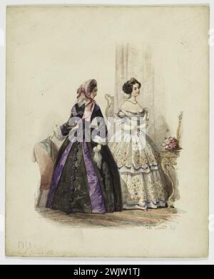 Jules David (1808-1892). "Due donne in un interno". Disegno per tavola n° 355, 25 febbraio 1853, "il monitor della moda". Bande City Redingot in Moire, grande abito da sera con due volant disponibili per ricami in velluto. Gouache, lavare, cartone bianco. Galliera, museo della moda della città di Parigi. 37826-4 Moire strip, ricami in velluto, disegno, donna, gouache, interni, lavaggi, abiti da sera, volante Foto Stock