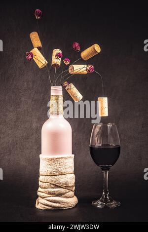 Natura morta con un bicchiere di vino rosso e una bottiglia di sughero e fiori Foto Stock