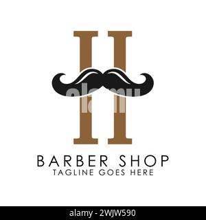 Design iniziale del logo dei baffi con lettera H. Icona Alphabet H Barber Shop Illustrazione Vettoriale