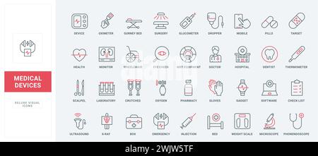 Set di icone delle linee dei dispositivi medici e delle apparecchiature ospedaliere. Sedia a rotelle e letto per il paziente, kit di pronto soccorso e software di laboratorio diagnostico, illustrazione vettoriale con simboli neri e rossi sottili al microscopio Illustrazione Vettoriale