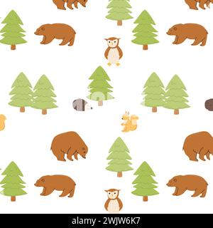 animali boschivi nella foresta estiva per bambini. L'illustrazione vettoriale può essere utilizzata per l'imballaggio di carta, carta da parati e poster decorativi. Orsi, scoiattoli, ricci e gufi con l'albero di natale Illustrazione Vettoriale