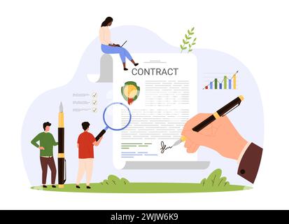 Ispezione di contratti e licenze, analisi dei documenti legali da parte del team di avvocati. Le persone piccole con lente d'ingrandimento leggono e controllano l'accordo, firmano il contratto con l'illustrazione vettoriale del cartoni animati SEAL Illustrazione Vettoriale