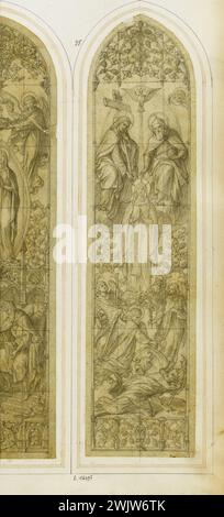 Officina GSELL-Laurent. Album n° 3; progetto in vetro colorato per la basilica di Lourdes; finestra corale. Matita su strato. Parigi, museo Carnavalet. Album n° 3, Basilica Lourdes, coro, matita su strato, finestra, progetto, santo, vergine, vetro colorato Foto Stock