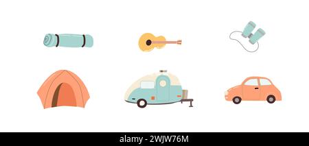 Auto, rimorchi e attrezzature da campeggio disegnati a mano. Illustrazione vettoriale delle forniture di viaggio e del trasporto. Elementi per attività ricreative all'aperto. Illustrazione Vettoriale