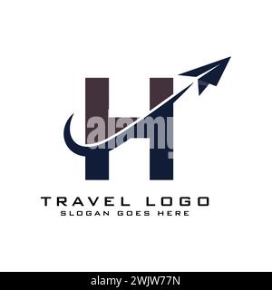 Logo Letter H Travel Icon Design con elemento grafico Plane per il logo delle agenzie di viaggi Illustrazione Vettoriale