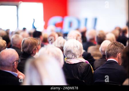 17.02.2024 - Nordrhein-Westfalens Innenminister gastiert beim Neujahrsempfang des CDU-Kreisverbandes Herford. Im Bild ein Schriftzug der Christlich Demokratischen Union. , *** 17 02 2024 Renania settentrionale-Westfalias Ministro degli interni partecipa al Capodanno dell'associazione distrettuale CDU di Herford l'immagine mostra un segno dell'Unione Cristiano-Democratica, Foto Stock