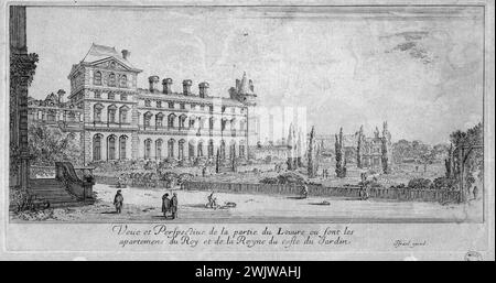 Israel Silvestre (1621-1691) e Israel Henriet (1590-1661). "Vista e prospettiva della parte del Louvre dove si trovano gli appartamenti del re e della regina sul lato del giardino". Incisione, 1650-1655. Parigi, museo Carnavalet. Appartamento, arrondissement, incisione, 1st i 1er 1, parte Louvre, prospettiva, re regina Foto Stock