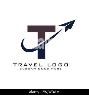 Logo Letter T Travel Icon Design con elemento grafico Plane per il design del logo delle agenzie di viaggi Illustrazione Vettoriale