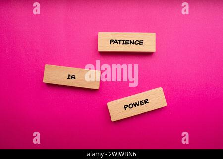 Pazienza sono parole chiave scritte su blocchi di legno con sfondo rosa. Simbolo concettuale. Copia spazio. Foto Stock