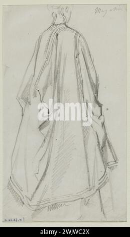 Anais Toudouze (1822-1899). "Donna a Burnous, da dietro". Ritratto di una donna che indossa un cappotto sciolto e piegato. Piombo mio, white paper. Intorno al 1868. Galliera, museo della moda della città di Parigi. 37822-1 Burnous, disegno, schiena, donna, cappotto ampio, condurre il mio, piegare, secondo impero Foto Stock