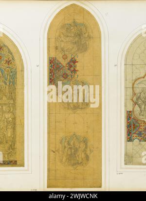 Officina GSELL-Laurent. Album n° 3; progetto vetrate per Saint-Omer: Scene della vita di San Giuseppe, morte di San Giuseppe, fuga in Egitto, matrimonio della Vergine. Matita, acquerello e gouache. Parigi, museo Carnavalet. Album n ° 3, matita, fuga, fuga in Egitto, gouache, matrimonio, morte, progetto, santo, vetrate colorate, vita, acquerello, coppia, Foto Stock