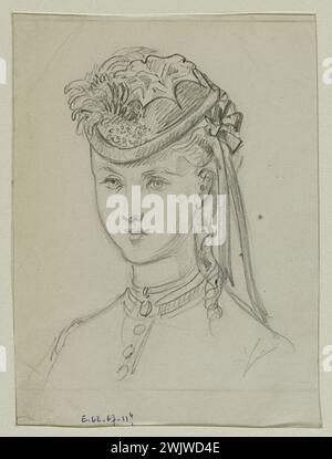 Anais Toudouze (1822-1899). "Una donna che indossa un cappello". Cappello piccolo indossato abbastanza basso, con nastri e nodo sul retro. Piombo mio, white paper. Intorno al 1867. Galliera, museo della moda della città di Parigi. 37824-1 donna, acconciatura, disegno, piombo mio, nodo, ritratto, nastro, secondo impero, cappello Foto Stock