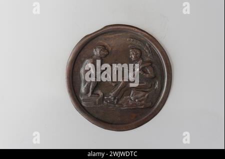 Museo Carnavalet, collezione di medaglie a destra due personaggi seduti su pietre in un ambiente esotico; a destra, un uomo che tiene un mandolino nella mano sinistra; scuote la mano di una scimmia seduta a sinistra. Foto Stock