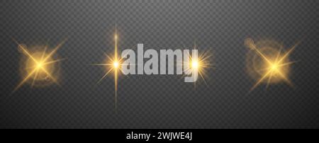 Una serie di effetti di luce dorati brillanti su uno sfondo trasparente. Illustrazione Vettoriale