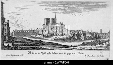 Israel Silvestre (1621-1691) e Israel Henriet (1590-1661). "Prospettiva della Chiesa di Notre-Dame, vista dal Quai de la Tournelle". Incisione, 1650-1655. Parigi, museo Carnavalet. Cattedrale di Notre-Dame, Etch, Chiesa, IV IV IV IV arrondissement, prospettiva, Quai de la Tournelle, Senna Foto Stock